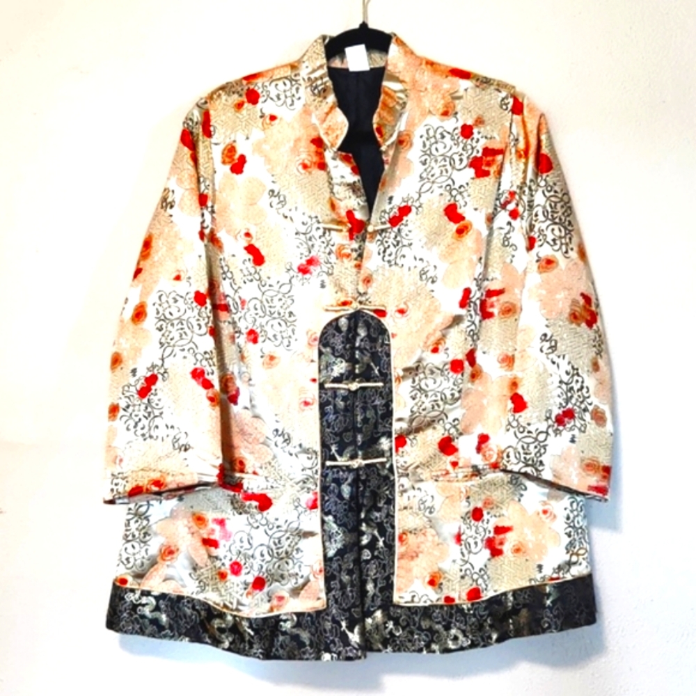 Asian Beautiful Floral Dragon Satin Quilted Chinese Mandarin Jacket Coat L